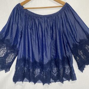 UNIQUE SPECTRUM Blouse Lace Trim 3/4 Sleeve Off Shoulder Gypsy Womens 1X Blue